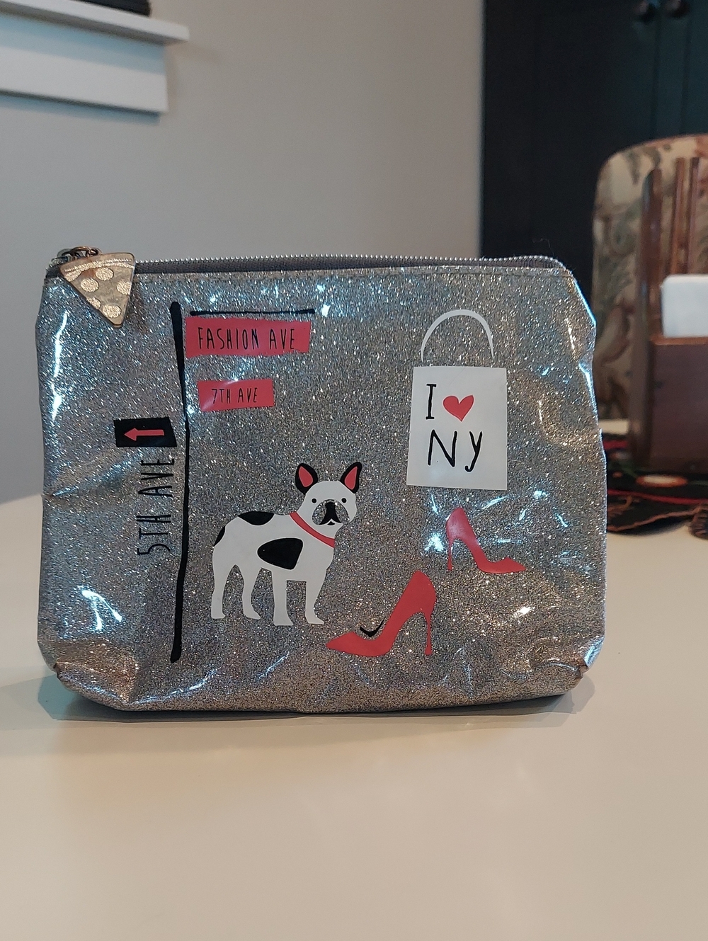 Sparkle Silver Cosmetic Double Pouch Bag with I ♥ NY & Dog Motif